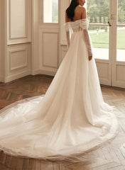 Sequined Wedding Dress with A Line Off The Shoulder Long Sleeves