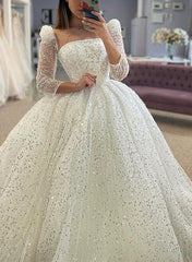 Sequined Wedding Dress with Ball Gown Square Neckline and Long Sleeves