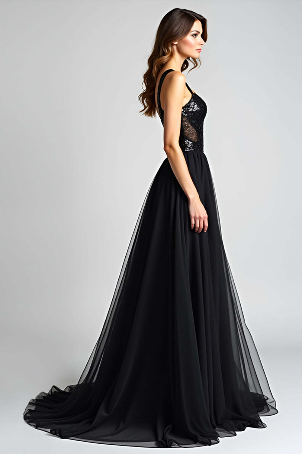 Sequins Backless Black Wedding Guest Dress A Line Long Tulle Graduation Dress
