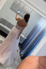 Sequins Floral Mermaid Prom Dress Corset Light Pink Long Formal Dress With Side Cape