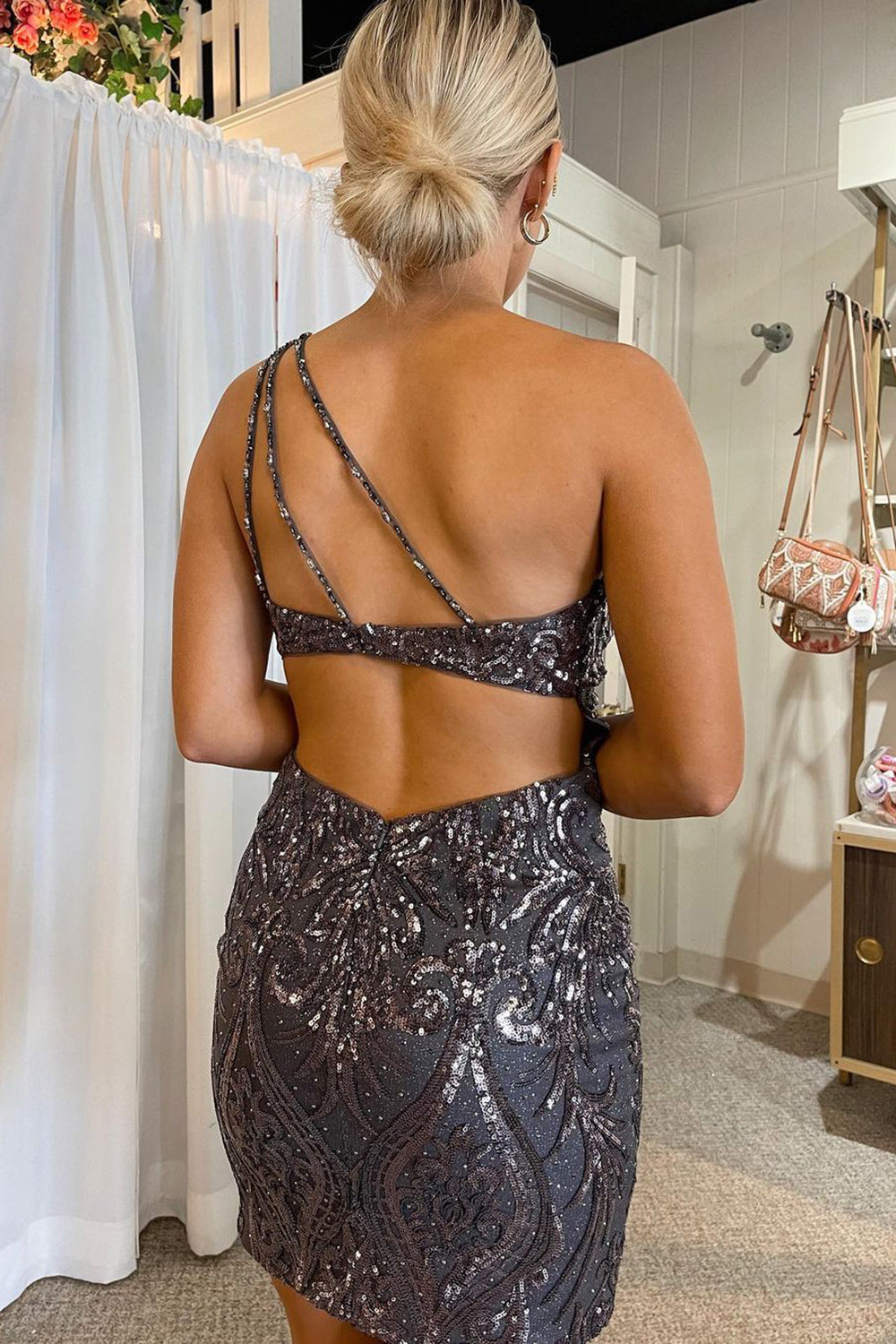 Sheath Black Homecoming Dresses Sequin One Shoulder Short Cocktail Dresses