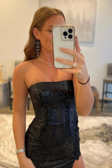 Sheath Black Prom Dress Strapless Sequined Evening Dress with Slit