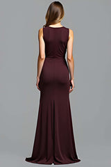 Sheath Cabernet Sleeveless Deep V-Neck Long Formal Dress
