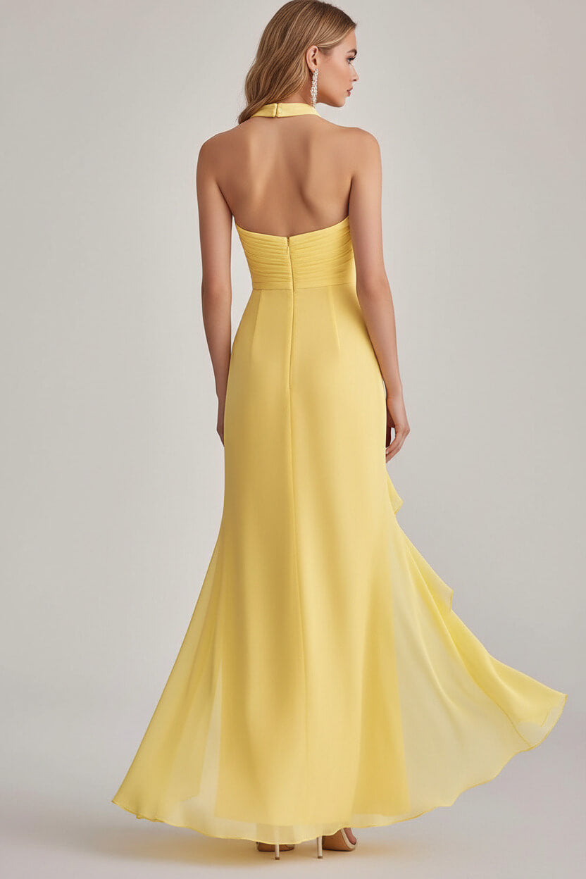Dressystars Sheath Chiffon Light Yellow Halter Neck Long Formal Dress