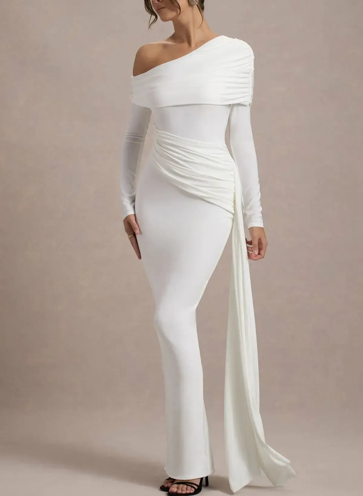 Sheath Column Asymmetrical Long Sleeves Floor Length Jersey Wedding Dress with Side Drape