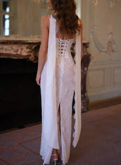 Sheath Column Sweetheart Sleeveless Floor Length Lace Satin Wedding Dress with Appliques