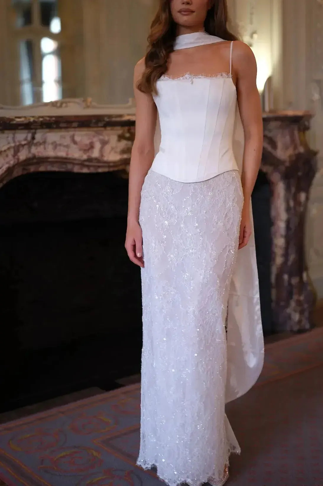Sheath Column Sweetheart Sleeveless Floor Length Lace Satin Wedding Dress with Appliques