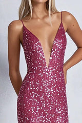 Sheath Fuchsia Wedding Guest Dress Deep V-Neck Long Formal Dress