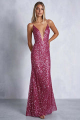 Sheath Fuchsia Wedding Guest Dress Deep V-Neck Long Formal Dress