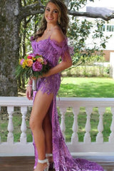 Sheath Off the Shoulder Blue Prom Dress Sequined Long Evening Dress with Feathers
