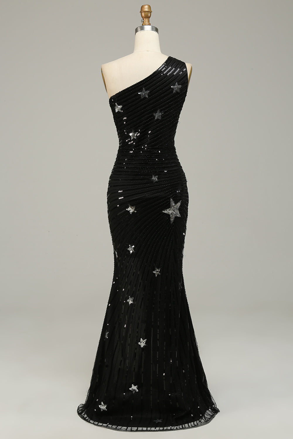 Sheath One Shoulder Black Prom Dress Sequined Long Evening Dress with Star
