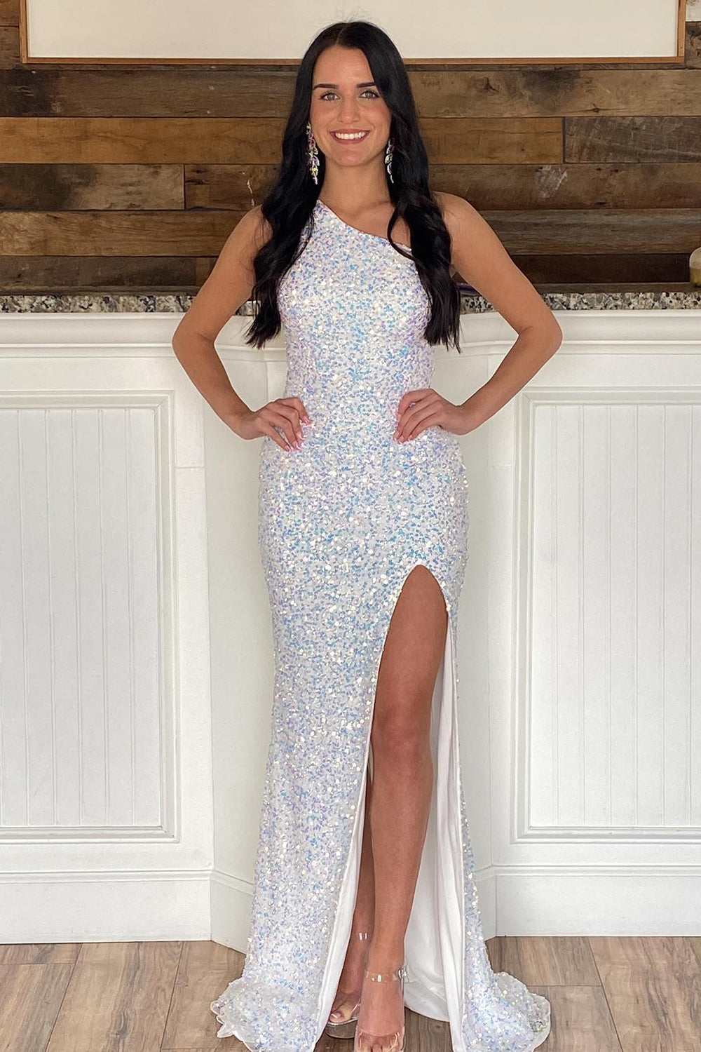 Sheath One Shoulder Ivory Prom Dress Sequined Long Evening Dress with Split Front
