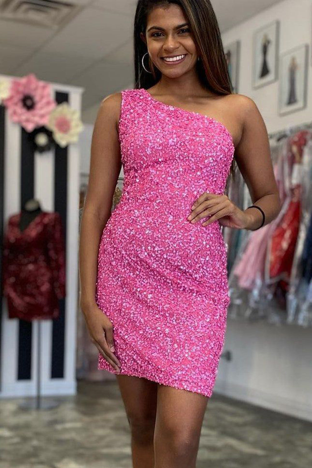 Sheath One Shoulder Royal Blue Homecoming Dresses Sequin Short Cocktail Dresses