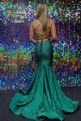 Sheath Prom Dress Deep V Neck Dark Green Long Evening Dress with Beadings
