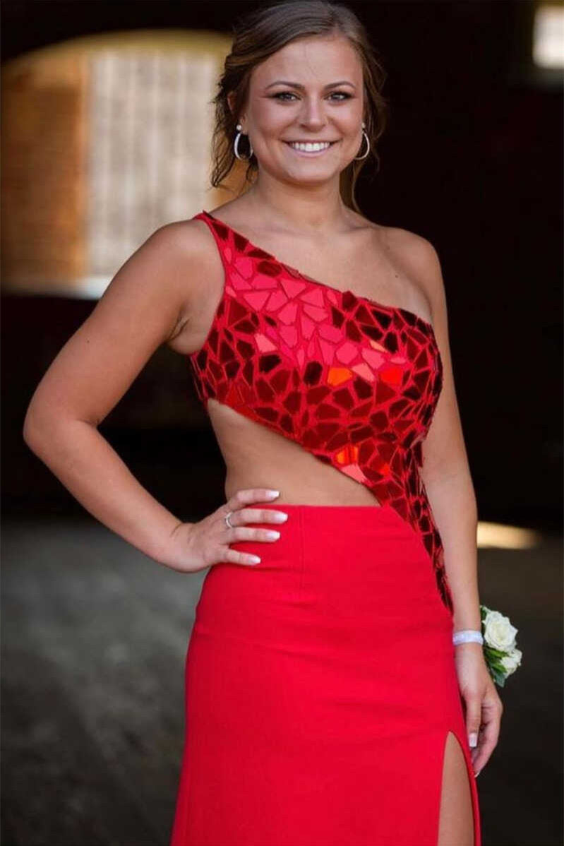 Sheath Prom Dress One Shoulder Cut Mirror Sequin Evening Dress