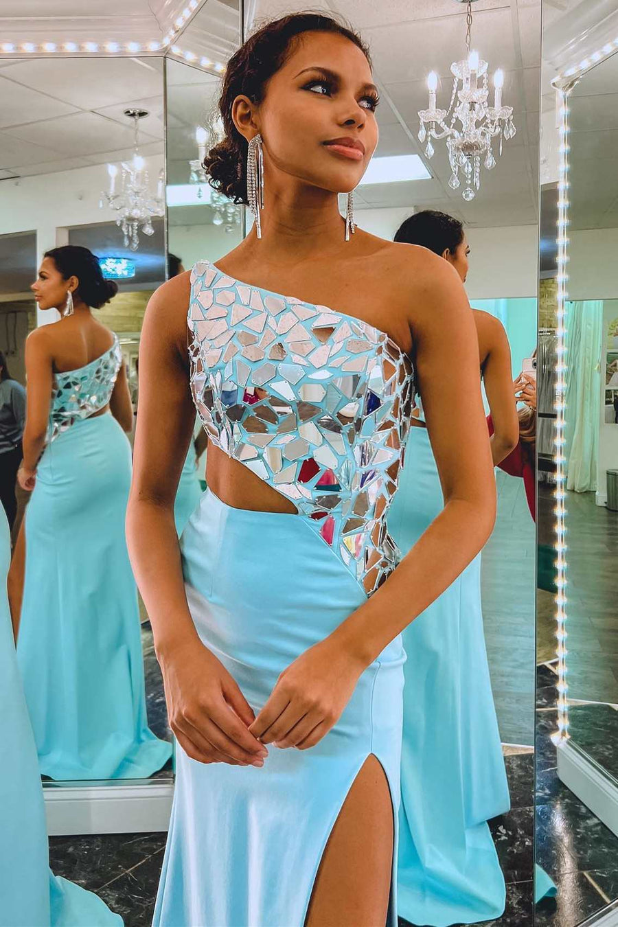 Sheath Prom Dress One Shoulder Cut Mirror Sequin Evening Dress