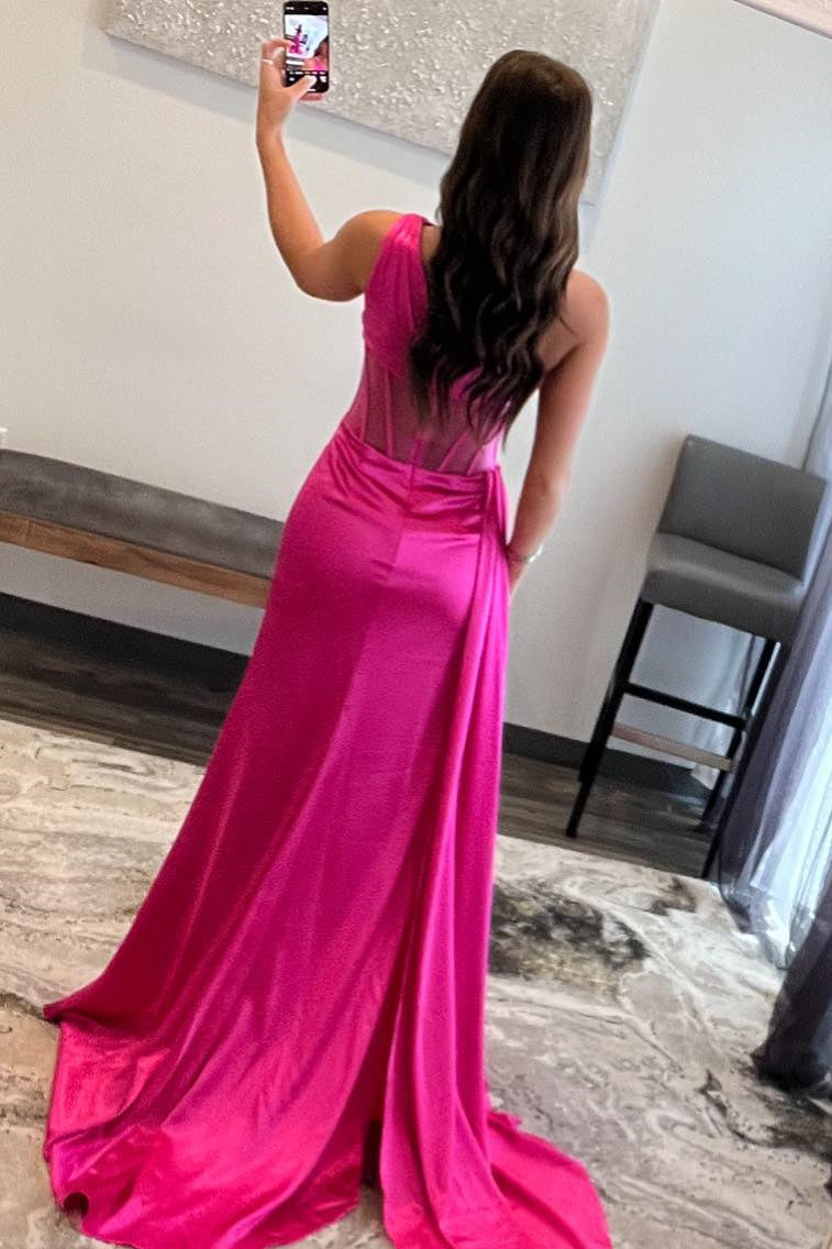 Sheath Prom Dress One Shoulder Pleated Satin Long Evening Dress