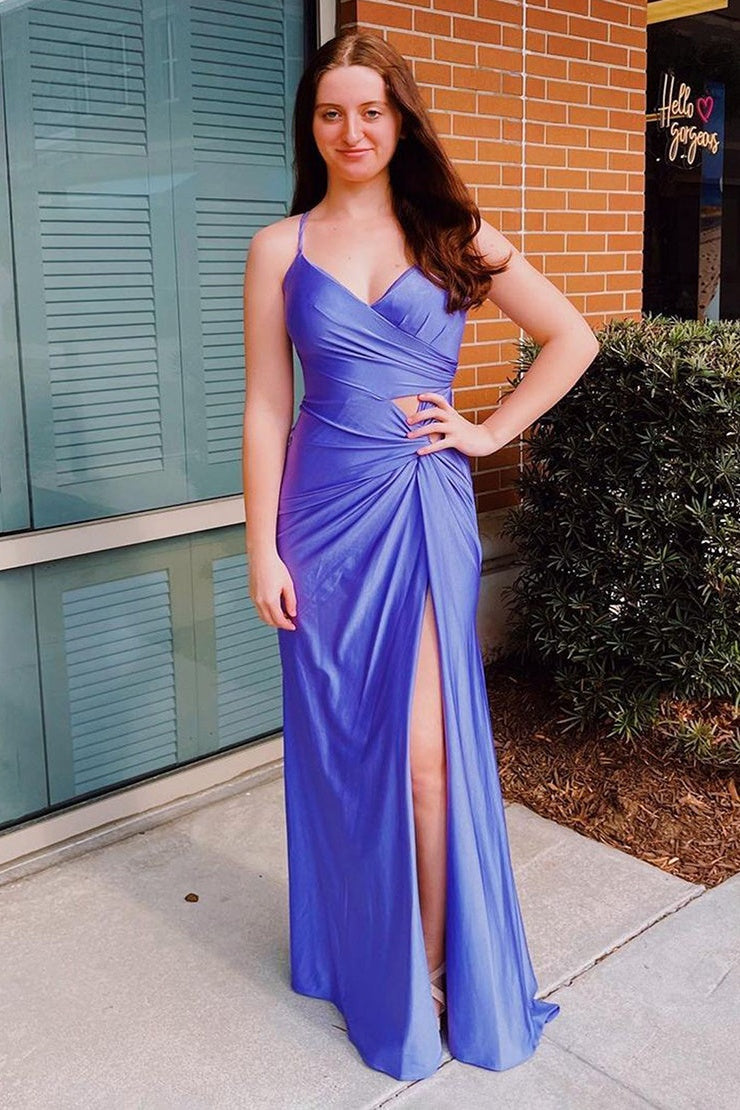 Sheath Prom Dress Spaghetti Straps Corset Back Elegant Evening Dress with Split