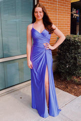 Sheath Prom Dress Spaghetti Straps Corset Back Elegant Evening Dress with Split