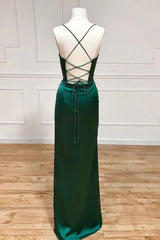 Sheath Prom Dress Spaghetti Straps Corset Satin Elegant Evening Dress with Split