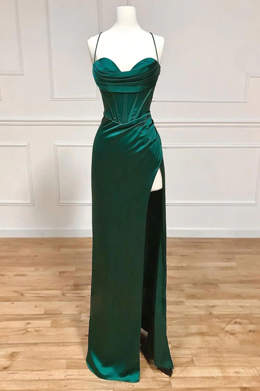 Sheath Prom Dress Spaghetti Straps Corset Satin Elegant Evening Dress with Split