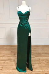 Sheath Prom Dress Spaghetti Straps Corset Satin Elegant Evening Dress with Split
