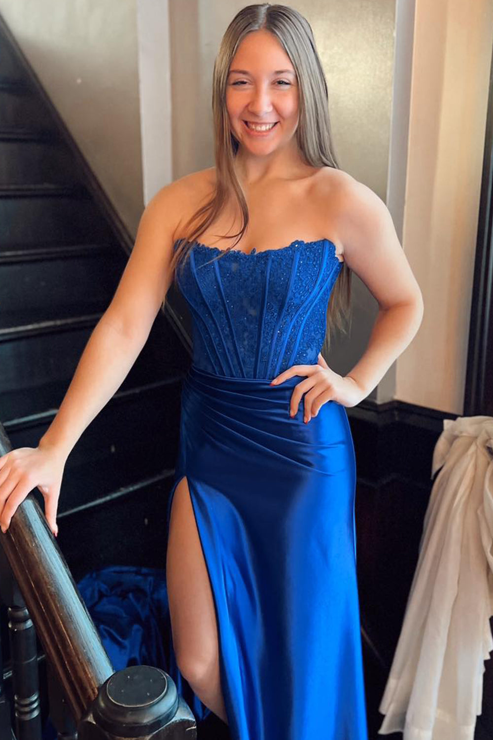 Sheath Prom Dress Strapless Corset Satin Evening Dress With Split