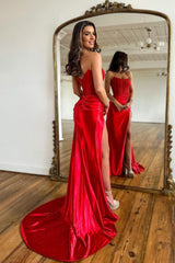 Sheath Prom Dress Strapless Corset Satin Evening Dress With Split