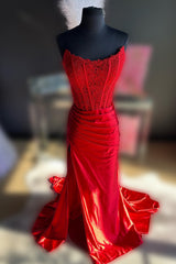 Sheath Prom Dress Strapless Corset Satin Evening Dress With Split