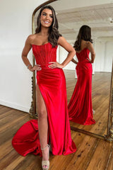 Sheath Prom Dress Strapless Corset Satin Evening Dress With Split