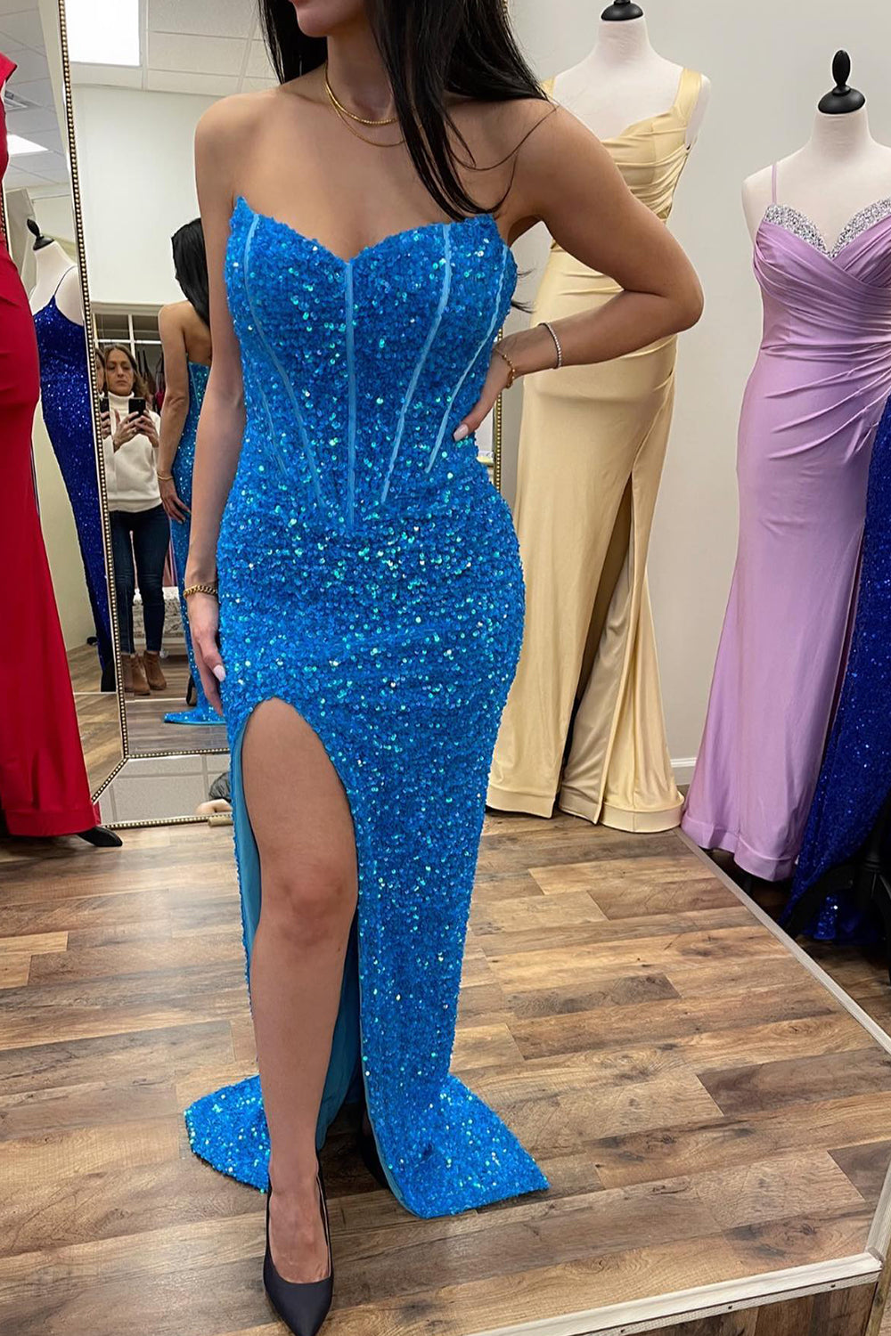 Sheath Prom Dress Sweetheart Sequined Evening Dress with Slit