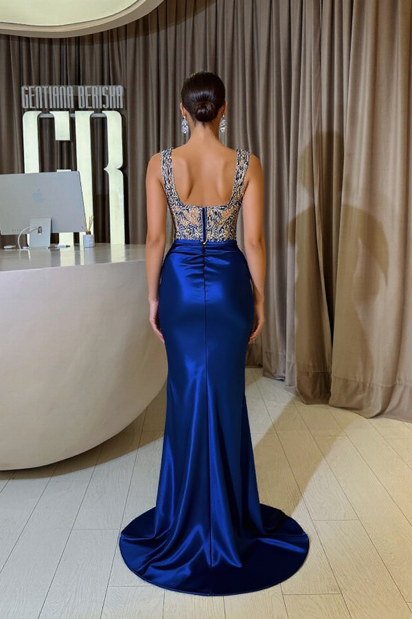 Sheath Royal Blue Square Neck Satin Formal Dress with Slit