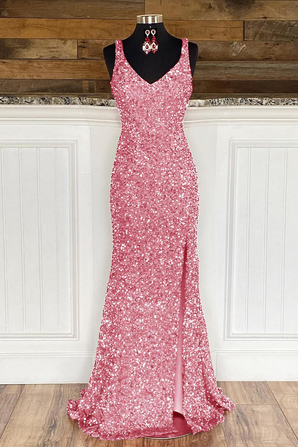 Sheath Spaghetti Straps Red Sequins Prom Dress with Split Front