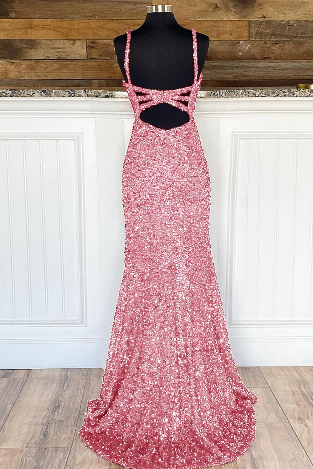 Sheath Spaghetti Straps Red Sequins Prom Dress with Split Front