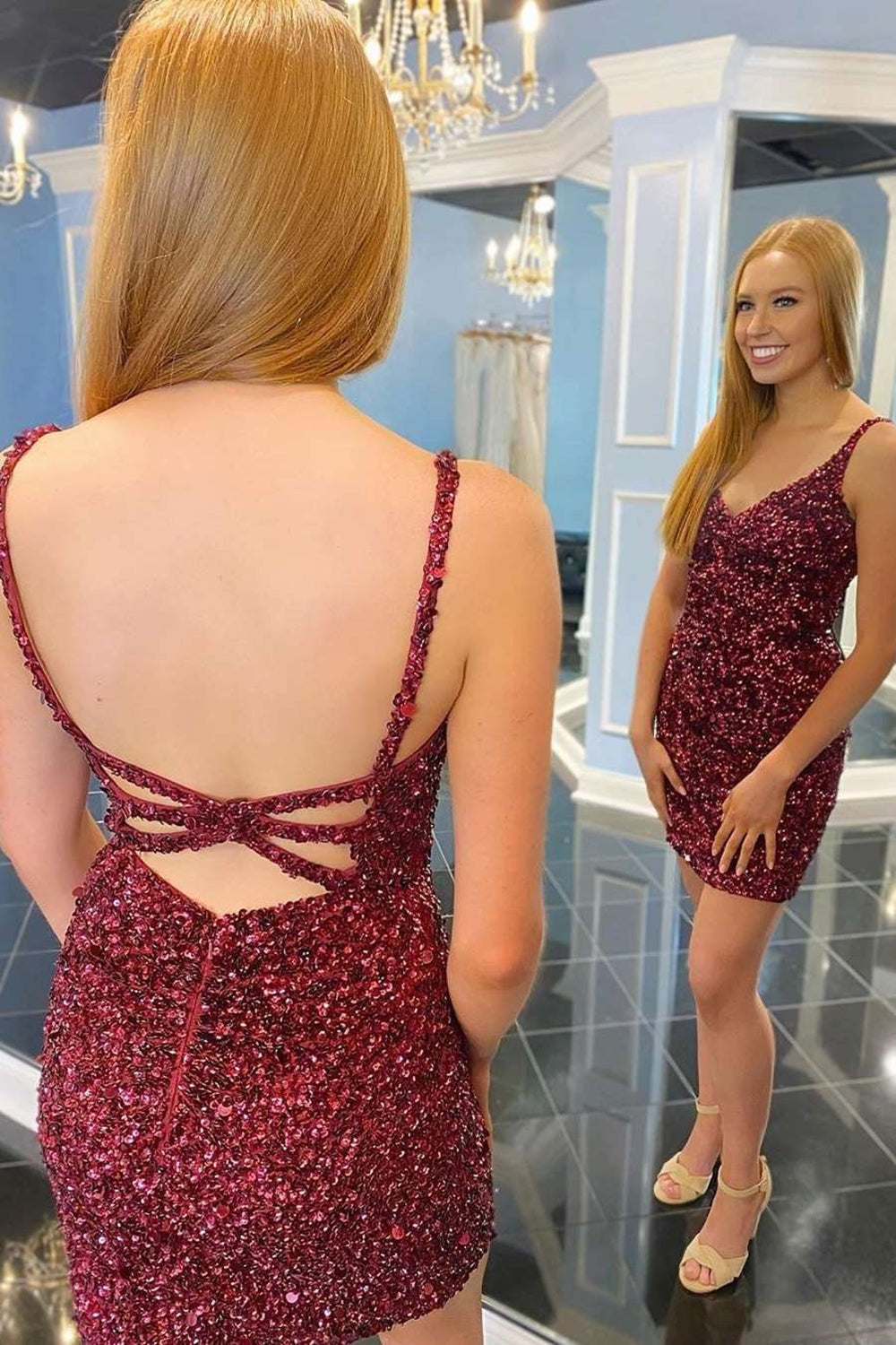 Sheath Spaghetti Straps Royal Blue Homecoming Dresses Sequin Short Cocktail Dresses