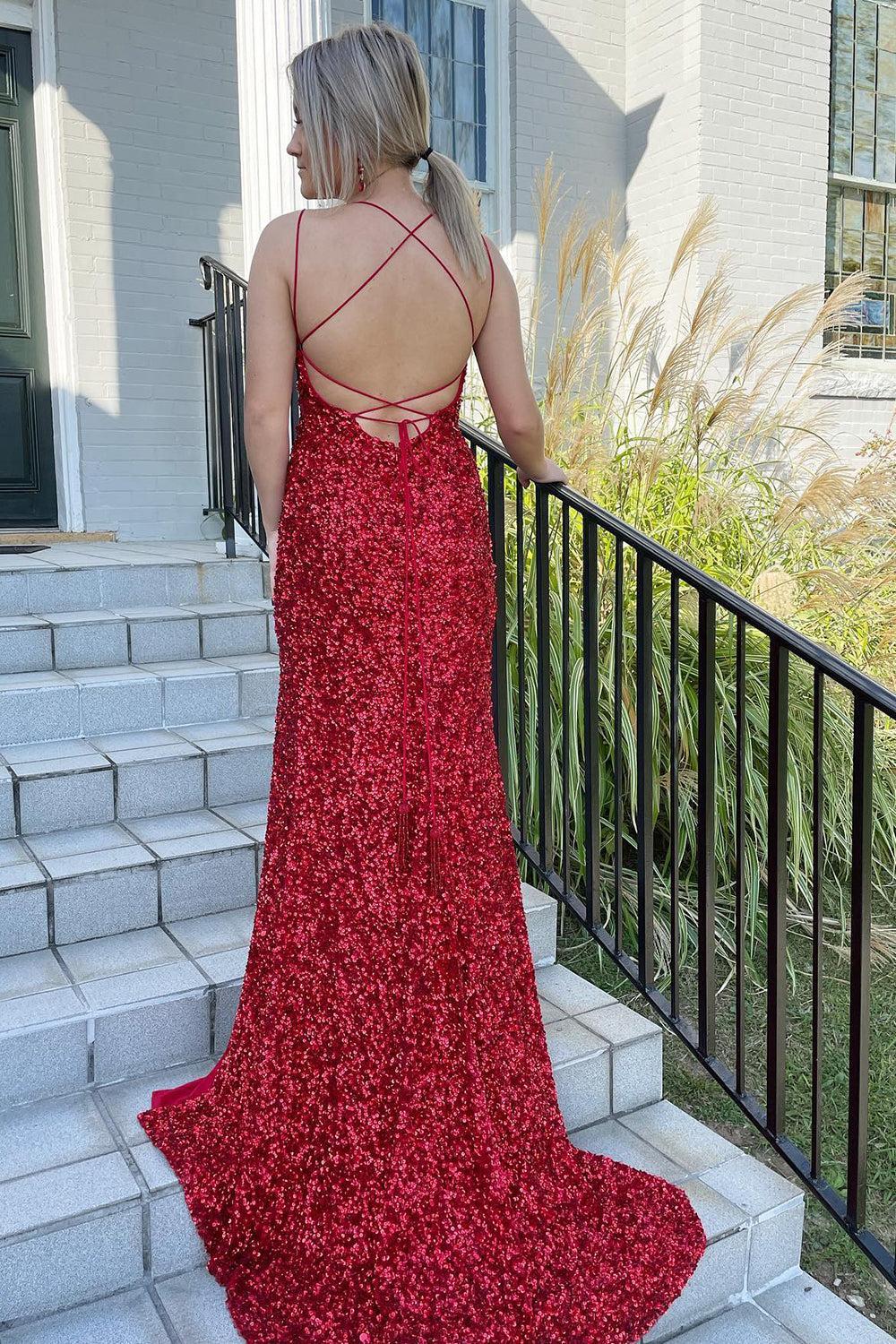 Sheath Spaghetti Straps Royal Blue Prom Dress Sequined Long Evening Dress with Split Front