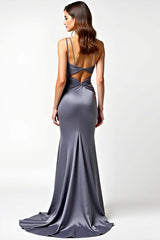 Sheath Steel Grey Deep V-Neck Long Formal Dress With Slit