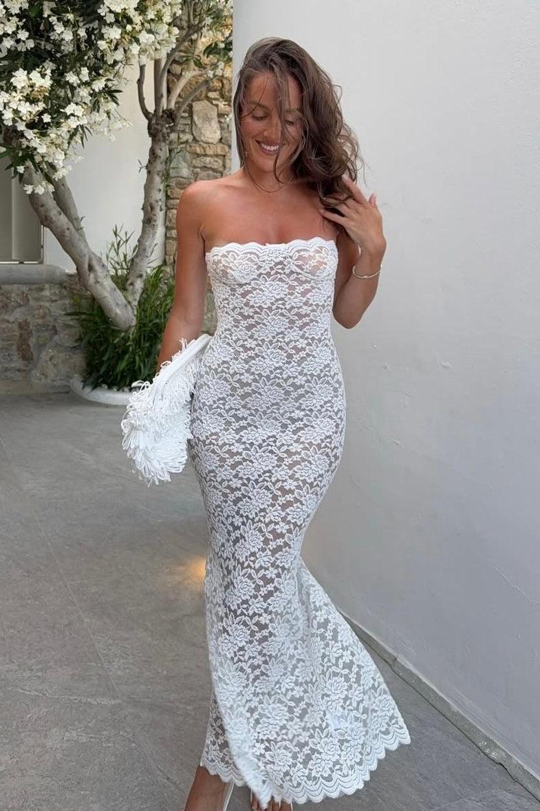 Sheath Strapless White Lace Tea Length Party Dress Formal Evening Gown