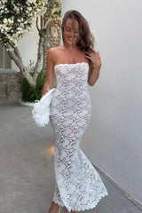 Sheath Strapless White Lace Tea Length Party Dress Formal Evening Gown