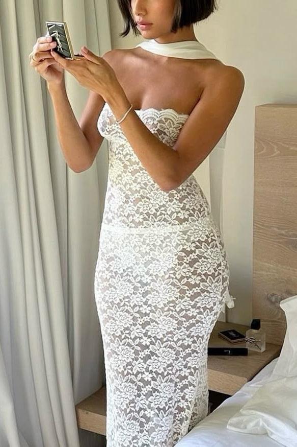 Dressystars Women Sheath Strapless White Lace Tea Length Party Dress