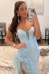 Sheath Sweetheart Light Blue Prom Dress Sequined Long Evening Dress with Feather
