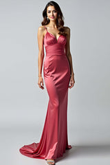 Sheath Watermelon V-Neck Backless Long Formal Dress