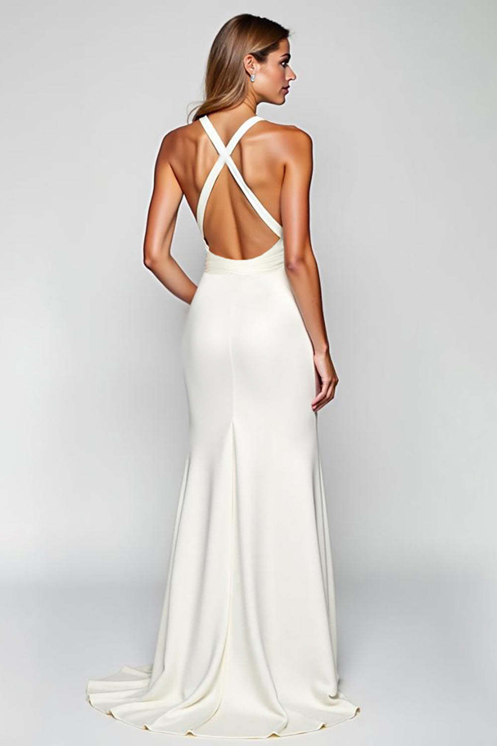 Sheath White Halter Satin Long Formal Dress