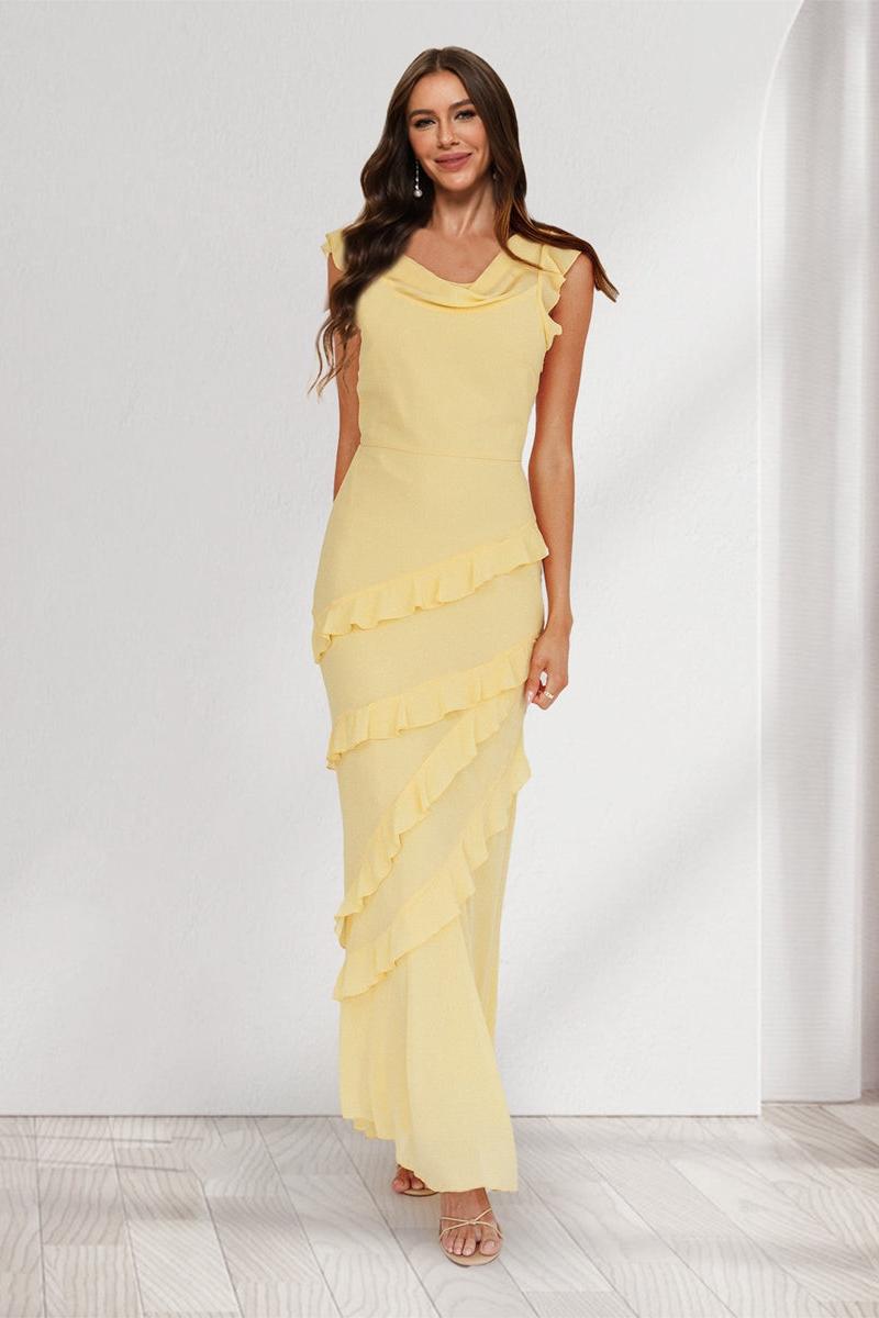 Sheath/Column Cowl Neck Sleeveless Ruffle Maxi Dresses Long Bridesmaid Dresses