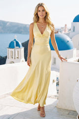 Sheath/Column Deep V-Neck Pleated Long Bridesmaid Dresses with Bow Back