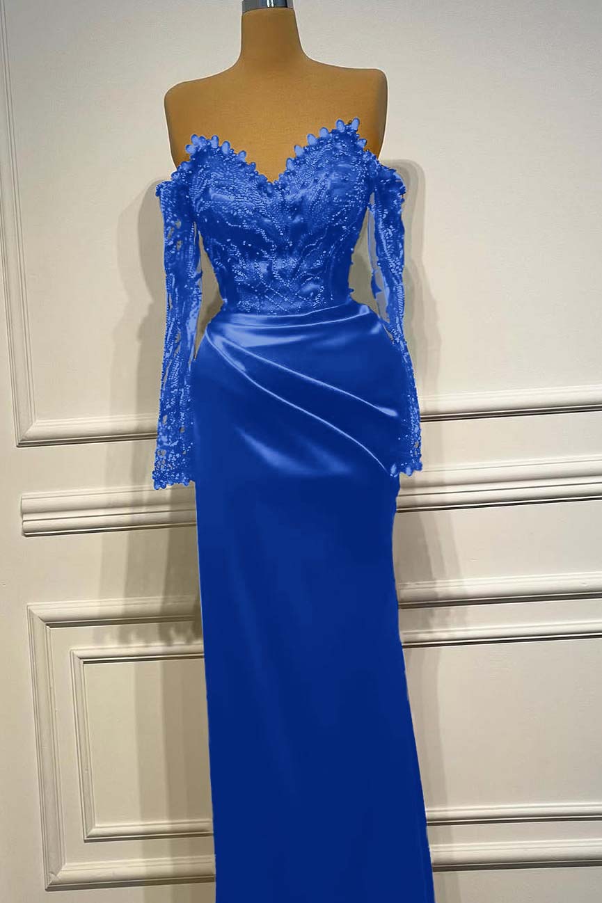Sheath/Column Prom Dress Long Sleeve Off the Shoulder Formal Dress With Beadings and Rhinestones