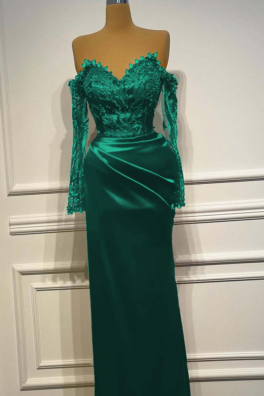 Sheath/Column Prom Dress Long Sleeve Off the Shoulder Formal Dress With Beadings and Rhinestones
