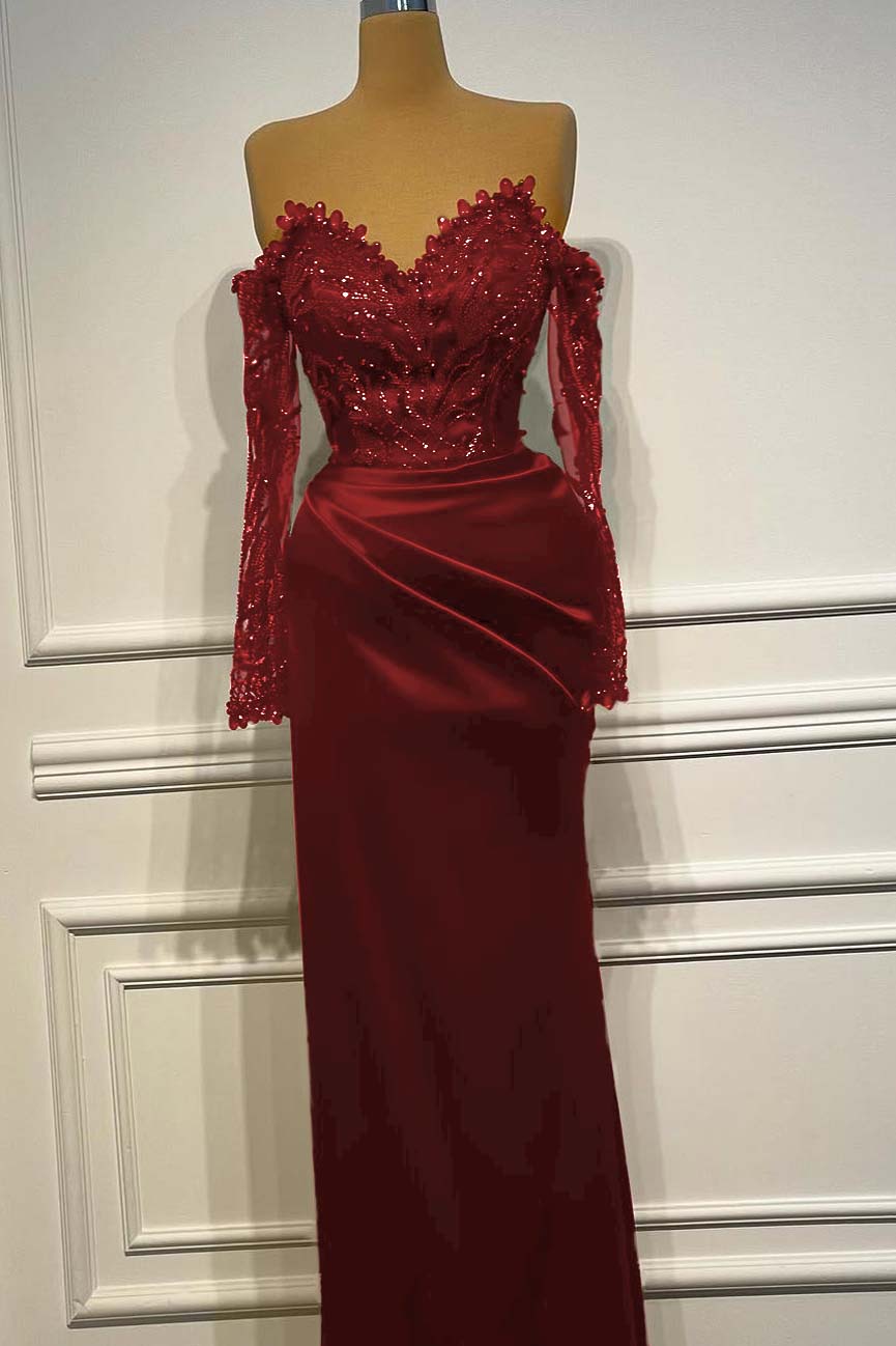 Sheath/Column Prom Dress Long Sleeve Off the Shoulder Formal Dress With Beadings and Rhinestones