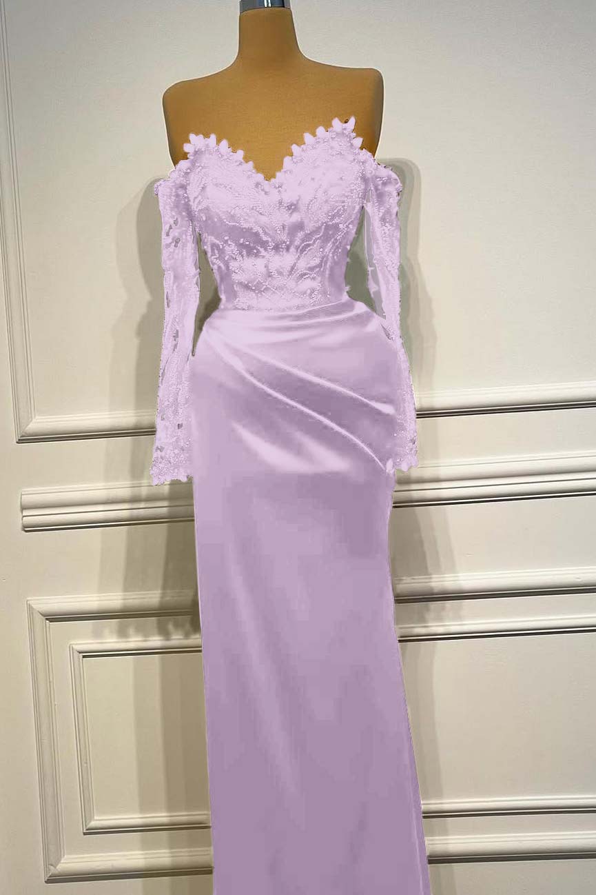 Sheath/Column Prom Dress Long Sleeve Off the Shoulder Formal Dress With Beadings and Rhinestones