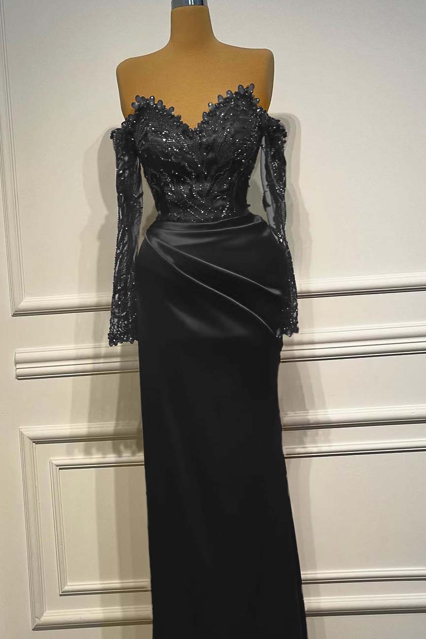 Sheath/Column Prom Dress Long Sleeve Off the Shoulder Formal Dress With Beadings and Rhinestones